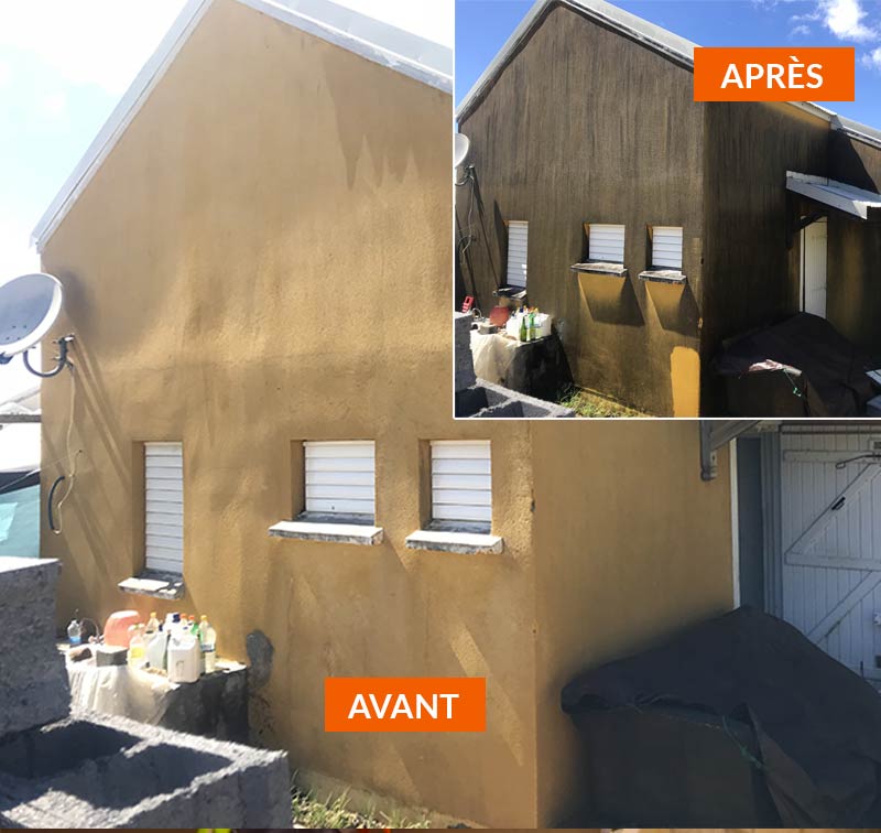 Ravalement façade - TOITURECO 974 dans l'île de la réunion 974: nettoyage et application d’un anti-mousse curatif et préventif. imperméabilisant hydrofuge ravalement peinture façade