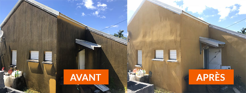 Ravalement façade - TOITURECO 974 dans l'île de la réunion 974: nettoyage et application d’un anti-mousse curatif et préventif. imperméabilisant hydrofuge ravalement peinture façade